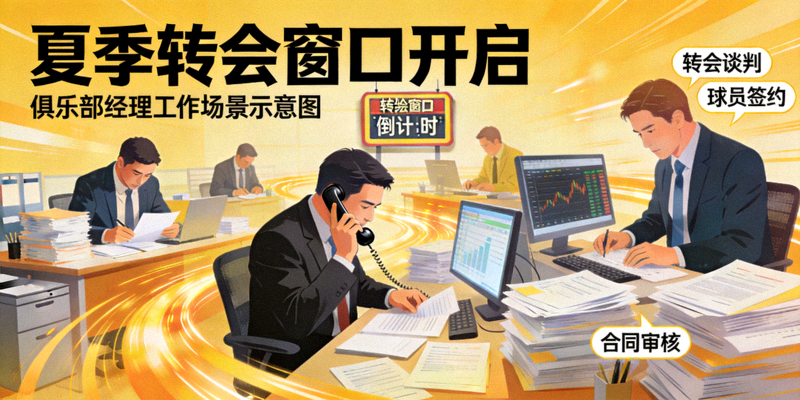 夏季转会窗口开启，各大俱乐部经理忙碌工作的场景示意图